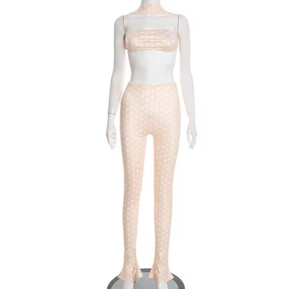 Women Sexy Strapless Polka Dot Open Back Two Piece Pant Set