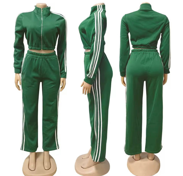 Women Striped Zip Up Fashion Two Piece Tracksuit Pant Set