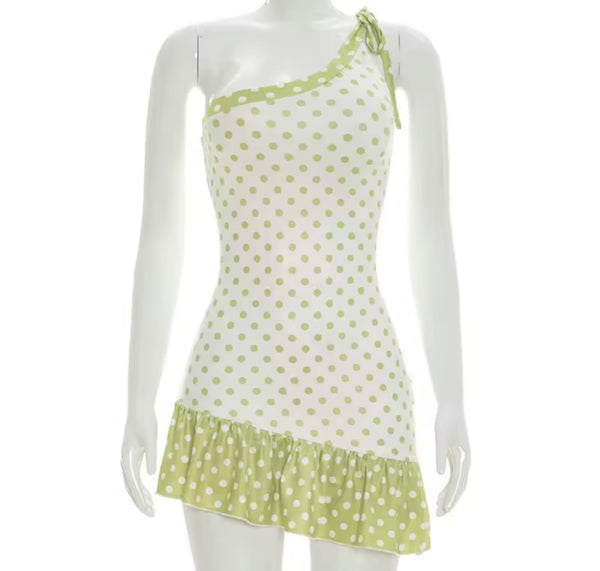 Women Sexy Tie Up One Shoulder Sleeveless Polka Dot Dress