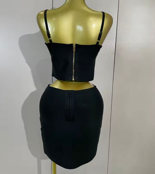 Women Sleeveless Rhinestone Patchwork Two Piece Skirt Set