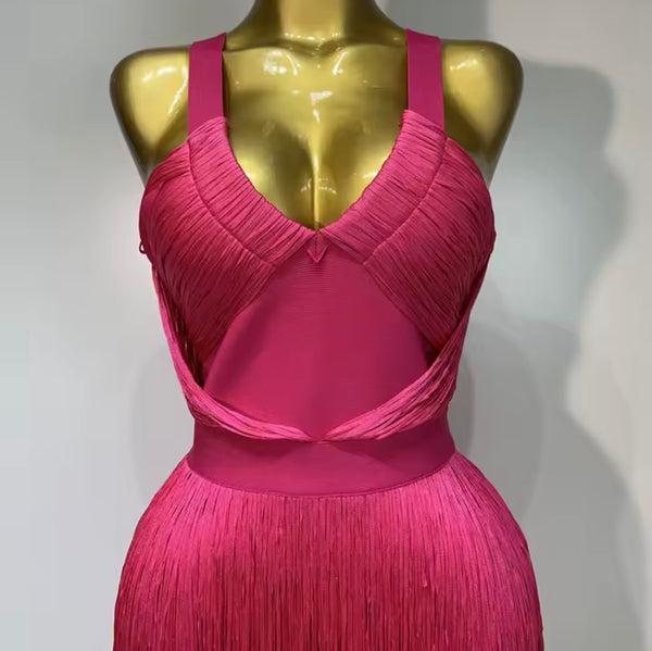 Women Sexy Pink Sleeveless Fringe Tassel Maxi Dress