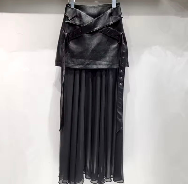 Women Fashion Black Faux Leather Mesh Patchwork Maxi Skirt