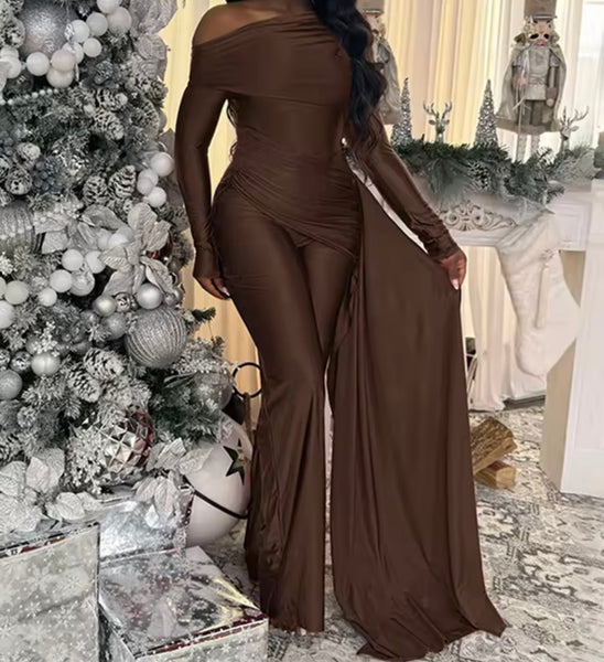 Women Off The Shoulder Full Sleeve Ruche Tassel Jumpsuit