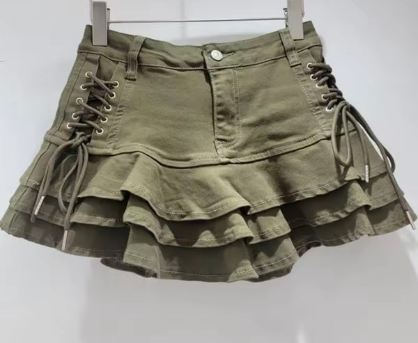 Women Fashion Color Tie Up Ruffled Denim Skirt