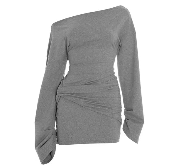 Women Sexy Gray Slant Shoulder Full Sleeve Ruched Dress