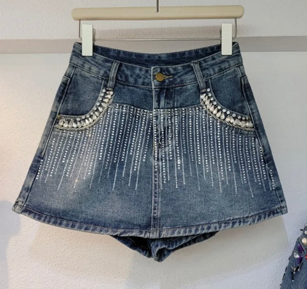 Women Fashion Denim Bling Patchwork Skirt