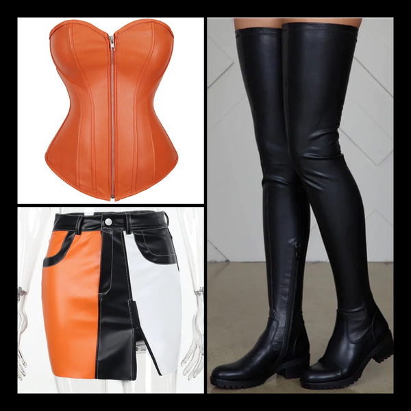 Women Fashion Faux Leather Zipper Strapless Corset Top