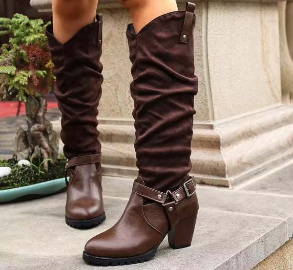 Women Fashion Buckled Chunky Heel Knee High Western Boots
