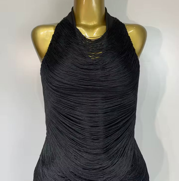 Women Black Sexy Halter Sleeveless Fringe Dress