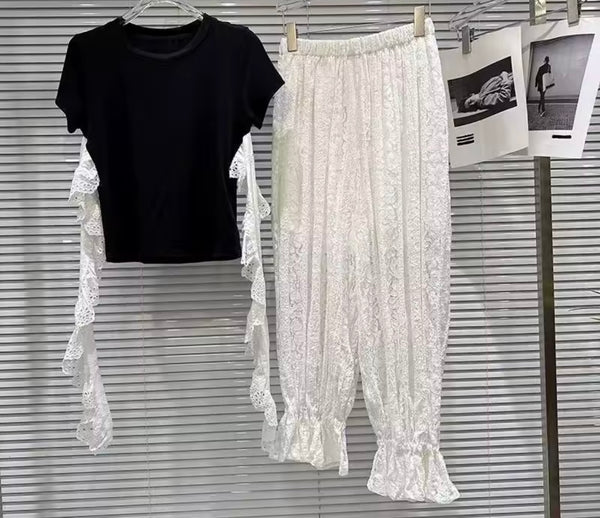 Women B&W Lace Full Sleeve Fashion Two Piece Pant Set