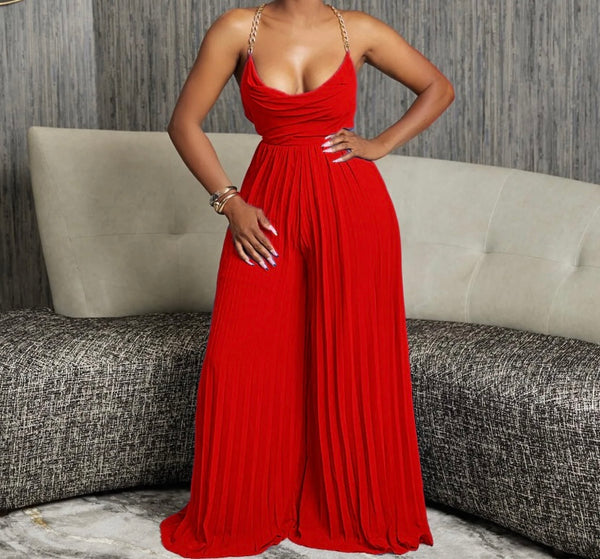 Women Sexy Chain Sleeveless Open Back Pleated Wide Leg Jumpsuit