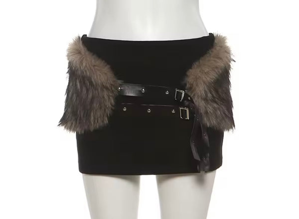 Women Strapless Fur Patchwork Two Piece Sexy Skirt Set
