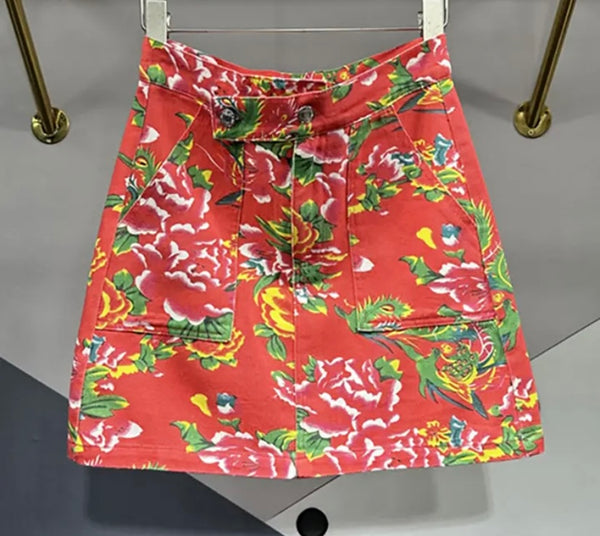 Women Sexy Fashion Green/Orange Floral Denim Short Skirt