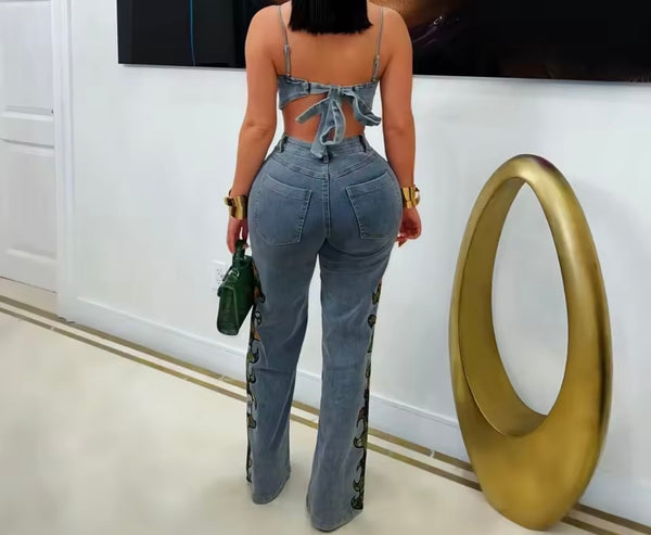 Women Sexy Printed Sleeveless Crop Two Piece Denim Pant Set