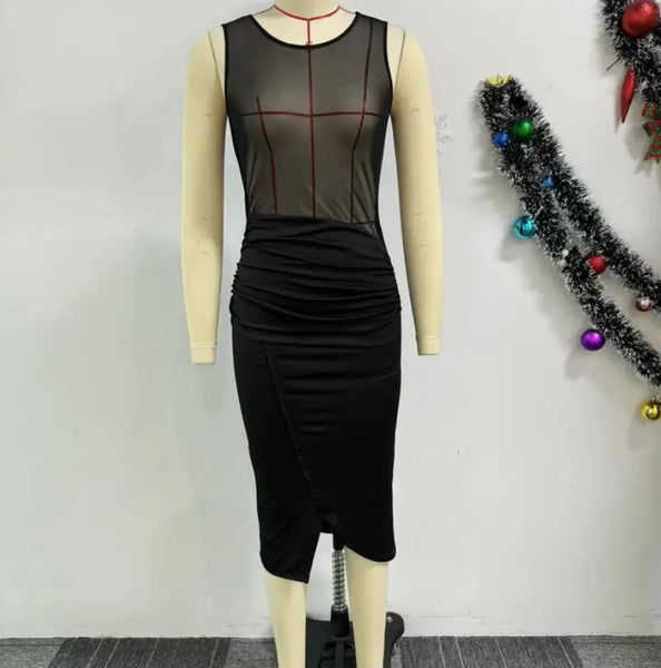 Women Black Sexy Sleeveless Mesh Patchwork Dress