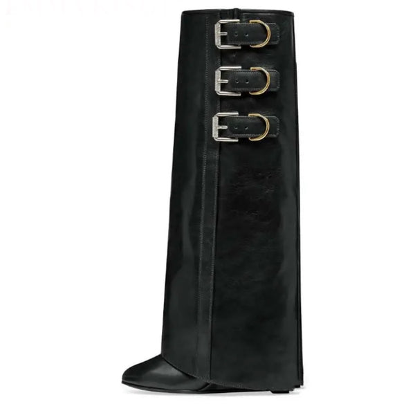 Women Fashion Faux Leather Buckled Wedge Knee High Boots