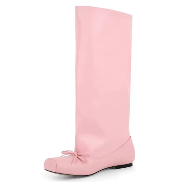 Women Pink Square Toe Bow Fashion Flat Knee High Boots