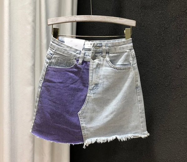 Women Fashion Fringe Color Patchwork Denim Skirt