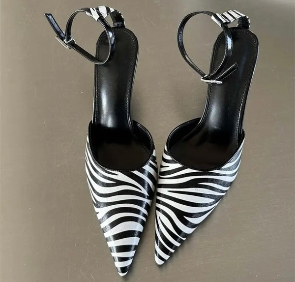 Women Fashion Zebra Print Ankle Strap High Heels