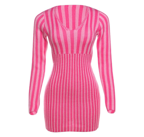 Women Sexy Pink Striped Full Sleeve Open Back Dress