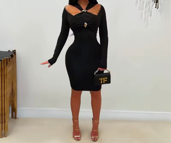 Women Sexy Metal Halter Full Sleeve Dress
