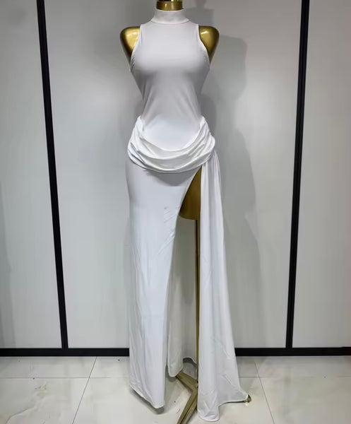 Women Sexy Sleeveless Solid Color Ruched Side Split Maxi Dress