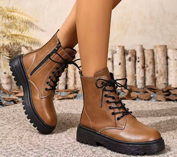 Women Fashion Zipper Lace Up Flat Ankle Boots