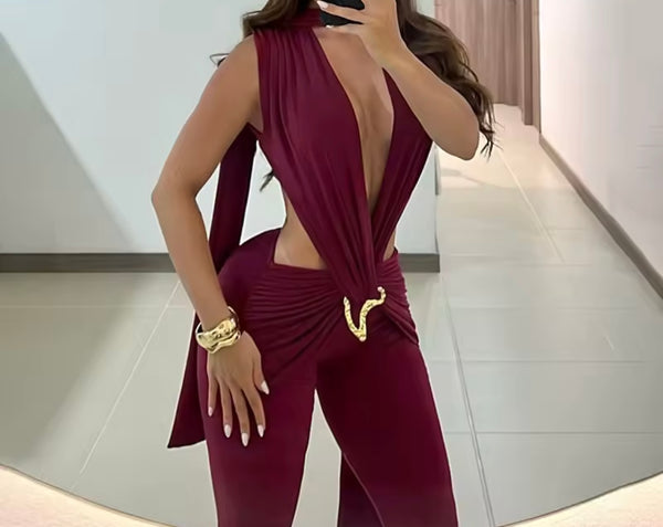 Women Choker Sleeveless Sexy Cut Out Metal Jumpsuit