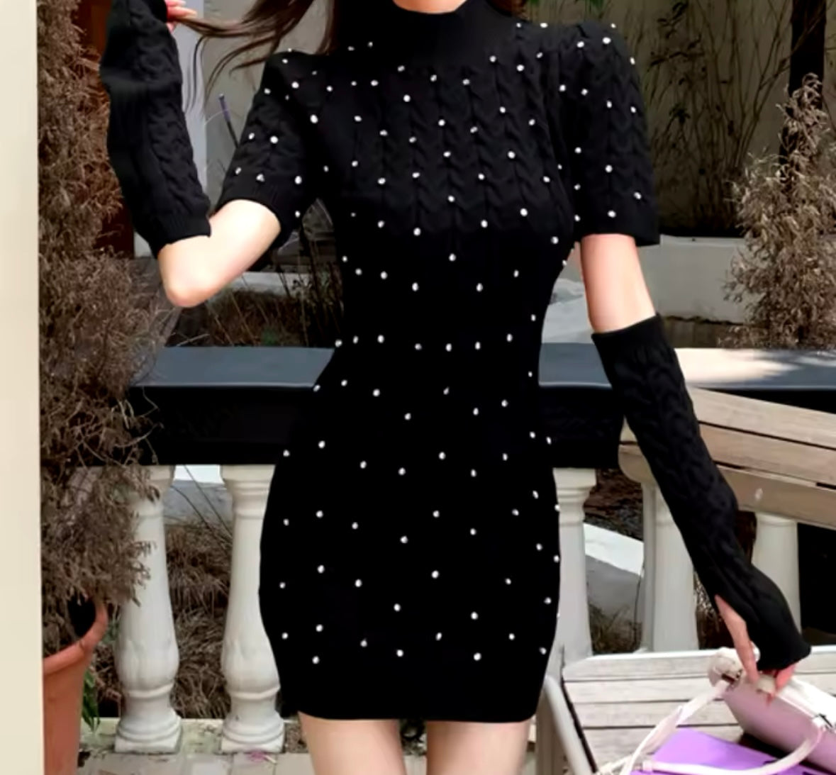Women Fashion Bling Knitted Removable Sleeve Dress