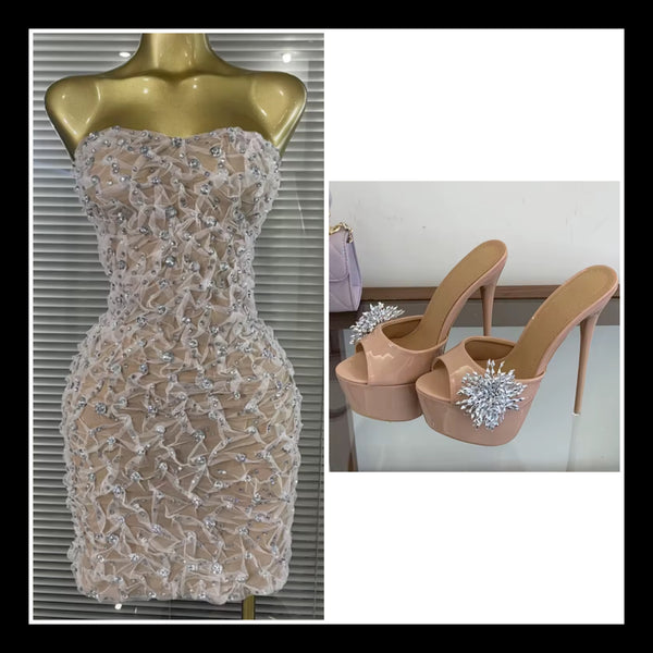 Women Sexy Strapless Rhinestone Mesh Dress