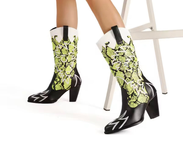 Women Fashion Color Animal Print Faux Leather Western Boots