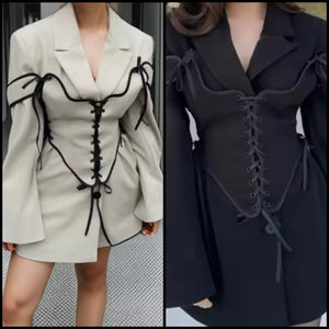 Women Sexy Fashion Lace Up Corset Full Sleeve Blazer Dress