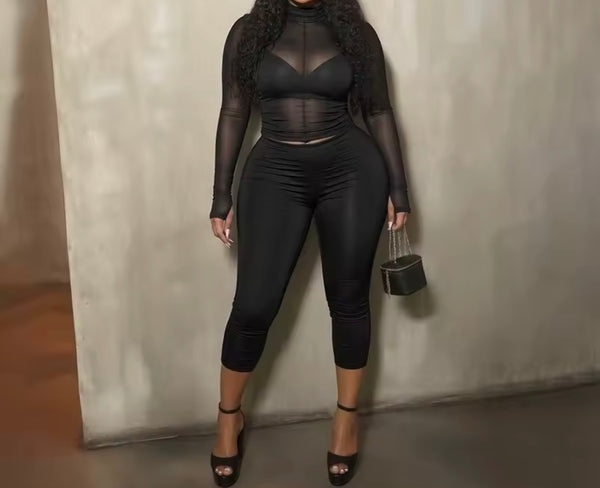 Women Turtleneck Mesh Full Sleeve Crop Two Size Capri Pant Set