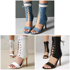 Women Color Open Toe Fashion Lace Up Ankle High Heel Boots