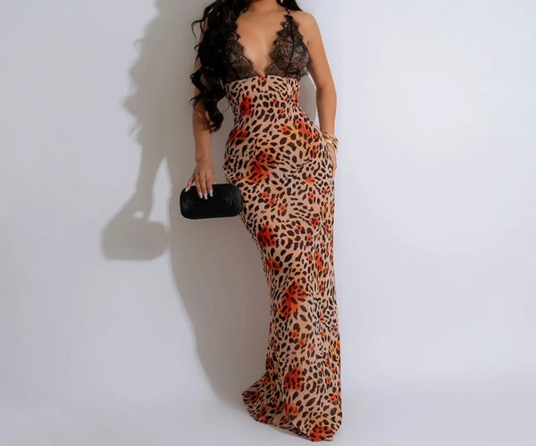 Women Sexy Sleeveless Lace Patchwork Printed Maxi Dress