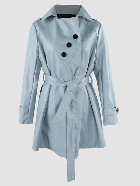 Women Fashion Blue Belted Faux Leather Trench Jacket