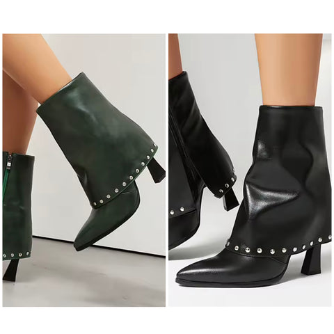 Women Pointed Toe Rivet High Heel Fashion Ankle Boots