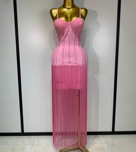 Women Rhinestone Sleeveless Fringe Tassel Sexy Maxi Dress