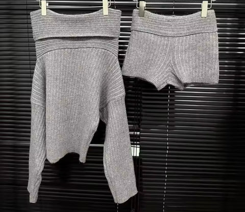 Women Gray Off The Shoulder Ribbed Two Piece Short Set