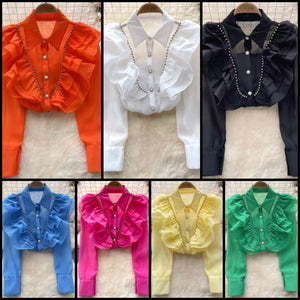 Women Bling Button Up Ruffled Mesh Fashion Top