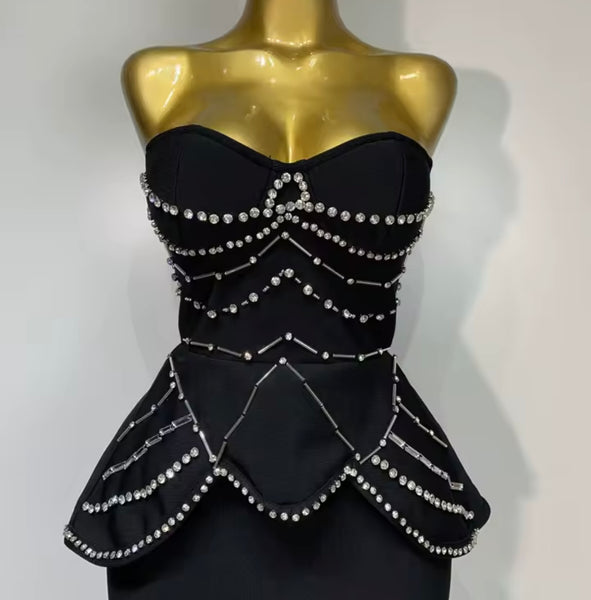 Women Strapless Rhinestone Beading Black Sexy Maxi Dress