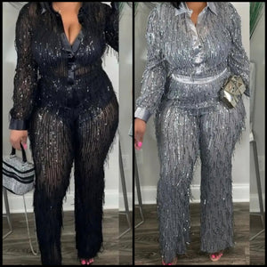 Women Sexy Fashion Button Up Sequins Mesh Two Piece Pant Set