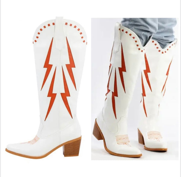 Women Fashion White Color Patchwork Knee High Western Boots