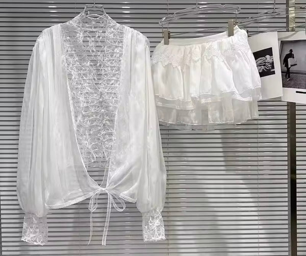 Women Lace Mesh Full Sleeve Two Piece Skirt Set