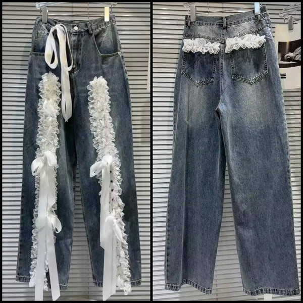 Women Fashion White Lace Bow Denim Pants