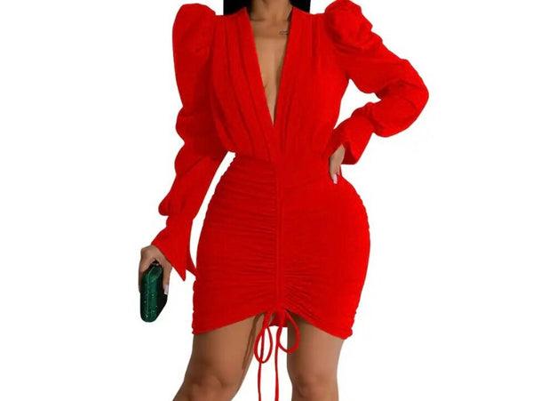 Women Sexy Deep V-Neck Full Sleeve Ruched Drawstring Dress