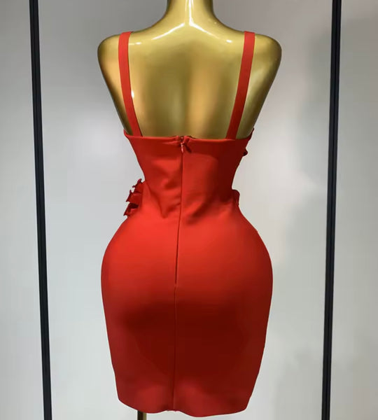 Women Red Sleeveless 3D Floral Cut Out Sexy Dress