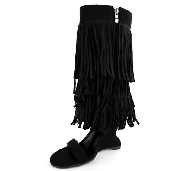 Women Fashion Suede Fringe Tassel Open Toe Wedge Boots