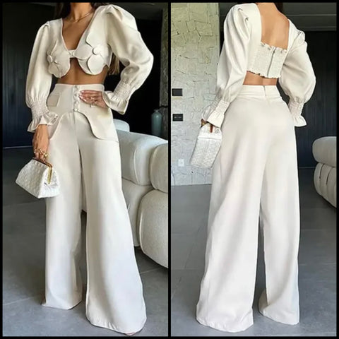 Women Sexy Floral Full Sleeve Crop Two Piece Pant Set