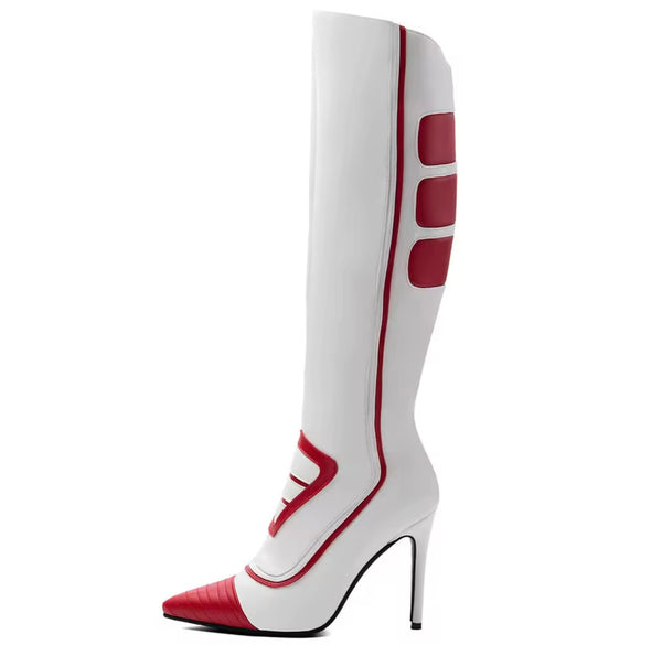 Women Fashion White/Red Pointed Toe Knee High Boots